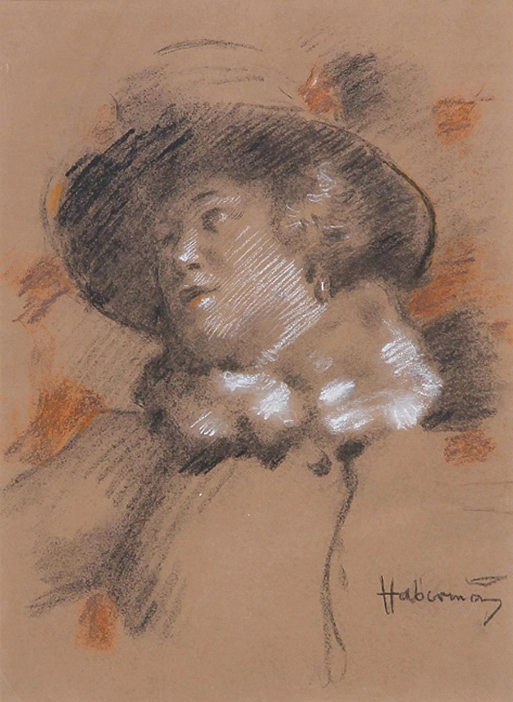 Hugo von Habermann - Ritratto di donna con cappello e collo di pelliccia